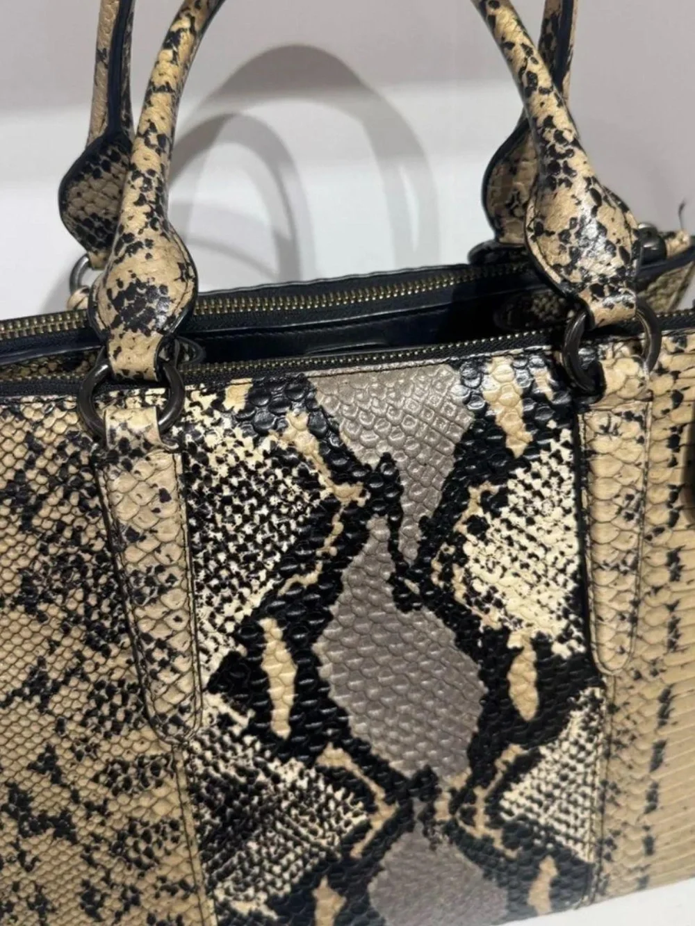 Coach Snake-Print Satchel in Black, Cream & Taupe